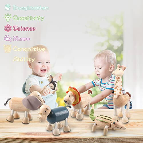 12PCS Bendable Wooden Animal Toys, Fun and Posable Animal Toys for Early Education, Smooth Natural Wood, Safari Farm Wood Animals Learning Toy for Kids - 10