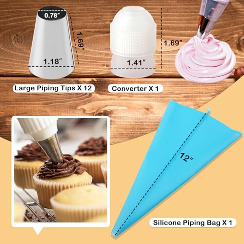 12 Adet Büyük Şırınga Ucu Seti, Paslanmaz Çelik Krema Uçları Yeniden Kullanılabilir Hamur Çantası ile, DIY Hamur, Kurabiye, Cupcake, Pasta İçin Pasta Dekorasyon Uçları Seti - 7