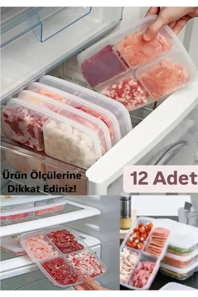 12 Adet 4 Bölmeli Öğünlük Et Sebze Mini Saklama Kabı Dondurulmuş Kıyma Tavuk Buzluk Organizer - BAYEV