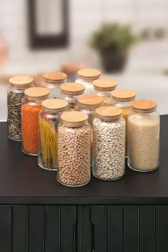 12 Adet Etiketli Kapaklı Cam Kavanoz Vakumlu Saklama Kabı Jumbo Boy 1300 Ml - Şeffaf Cam - 4