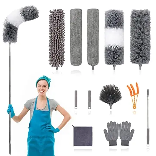 12pcs Microfiber Dusters, Duster with Extension Pole(Stainless Steel) 30 to 100'', Washable Dusters, Bendable Extendable Long Feather Duster for Cleaning Fan, High Ceiling, Blinds, Furniture, Cars - 1