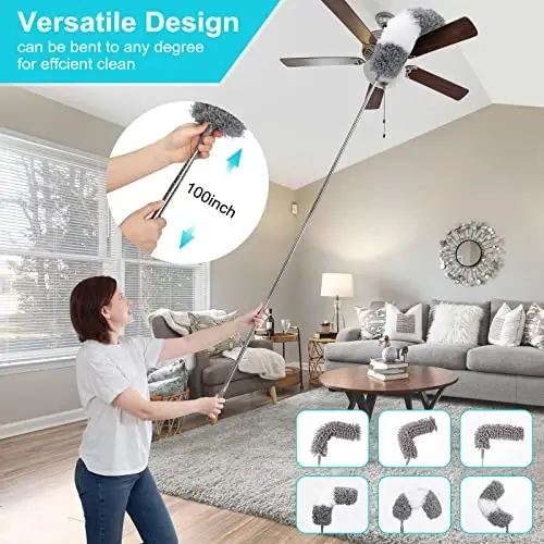 12pcs Microfiber Dusters, Duster with Extension Pole(Stainless Steel) 30 to 100'', Washable Dusters, Bendable Extendable Long Feather Duster for Cleaning Fan, High Ceiling, Blinds, Furniture, Cars - SNOPIC (1)