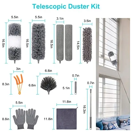 12pcs Microfiber Dusters, Duster with Extension Pole(Stainless Steel) 30 to 100'', Washable Dusters, Bendable Extendable Long Feather Duster for Cleaning Fan, High Ceiling, Blinds, Furniture, Cars - 3