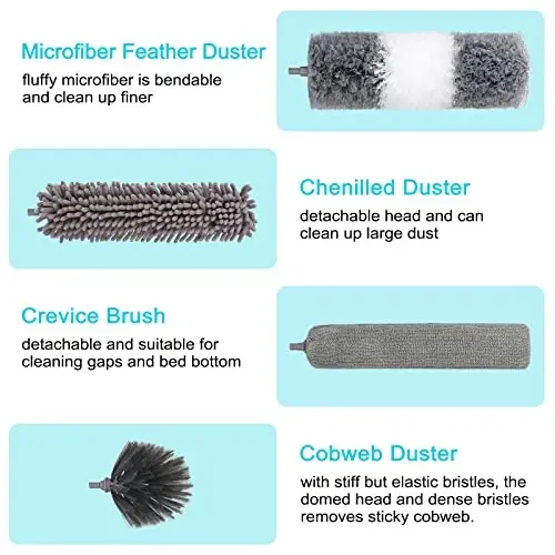 12pcs Microfiber Dusters, Duster with Extension Pole(Stainless Steel) 30 to 100'', Washable Dusters, Bendable Extendable Long Feather Duster for Cleaning Fan, High Ceiling, Blinds, Furniture, Cars - 4