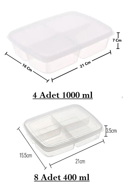 12 dona Saklash To'plami (8 dona 400 ML) (4 dona 1000 ML) 4 Bo'limli Taom Tayyorlash Uchun Porsiya Saklash Idishlari - 8