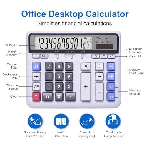 12 Haneli Büyük LCD Ekran ve Büyük Bilgisayar Tuşları ile Solar Pil İkili Güçlü Comix Masaüstü Hesap Makinesi, Ev Ofis Okul İçin Standart İşlevli Hesap Makinesi, Beyaz - 2