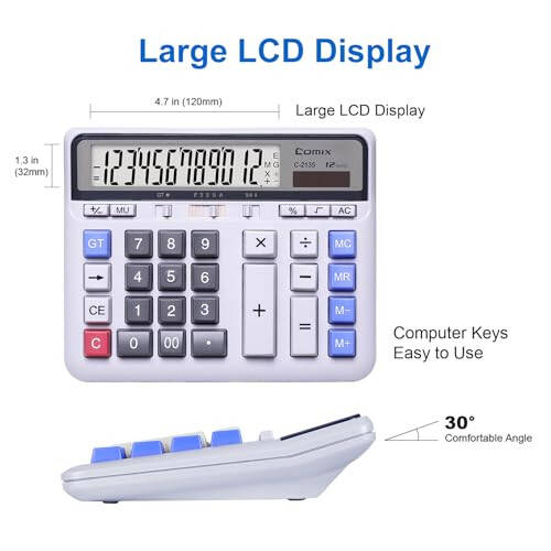 12 Haneli Büyük LCD Ekran ve Büyük Bilgisayar Tuşları ile Solar Pil İkili Güçlü Comix Masaüstü Hesap Makinesi, Ev Ofis Okul İçin Standart İşlevli Hesap Makinesi, Beyaz - 4