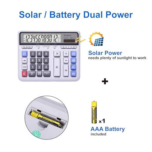 12 Haneli Büyük LCD Ekran ve Büyük Bilgisayar Tuşları ile Solar Pil İkili Güçlü Comix Masaüstü Hesap Makinesi, Ev Ofis Okul İçin Standart İşlevli Hesap Makinesi, Beyaz - 5