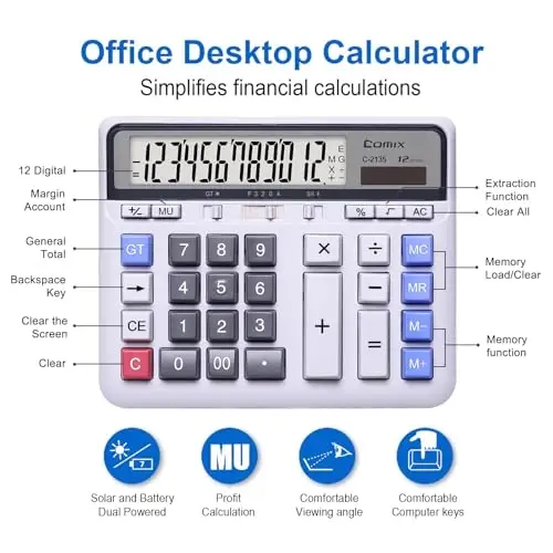 Comix Desktop Calculator Solar Battery Dual Power with 12-Digit Large LCD Display and Large Computer Keys Standard Function Calculator for Home Office School, White - COMIX (1)