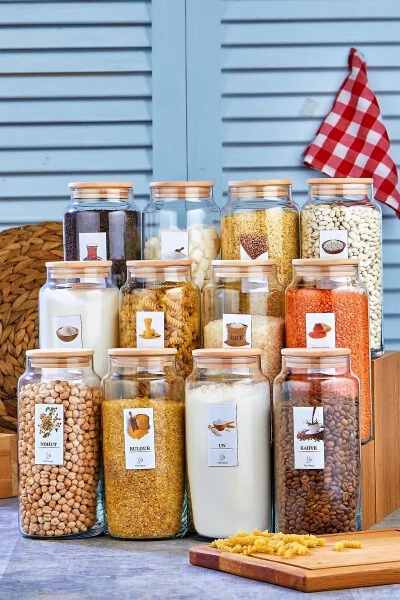 12 Pack Labelled Lidded Glass Jars Vacuum Storage Container Jumbo Size 1300 Ml - FBZHOME