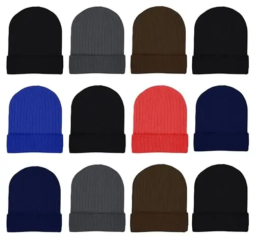 12 Pack Winter Beanie Hats for Men Women, Warm Cozy Knitted Cuffed Skull Cap, Wholesale - 12