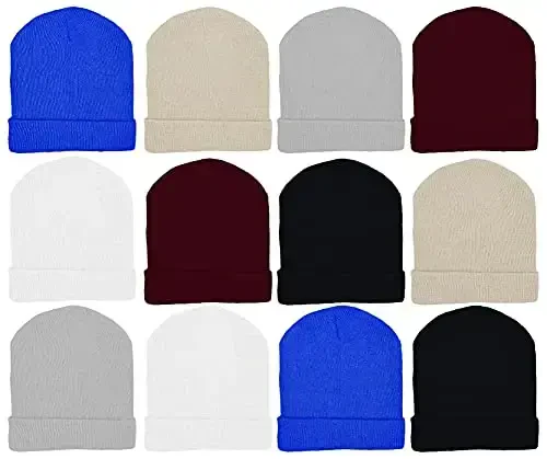 12 Pack Winter Beanie Hats for Men Women, Warm Cozy Knitted Cuffed Skull Cap, Wholesale - 12