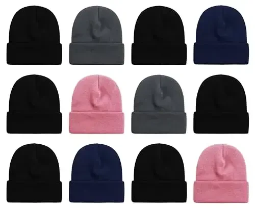 12 Pack Winter Beanie Hats for Men Women, Warm Cozy Knitted Cuffed Skull Cap, Wholesale - 1