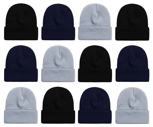 12 Pack Winter Beanie Hats for Men Women, Warm Cozy Knitted Cuffed Skull Cap, Wholesale - 1