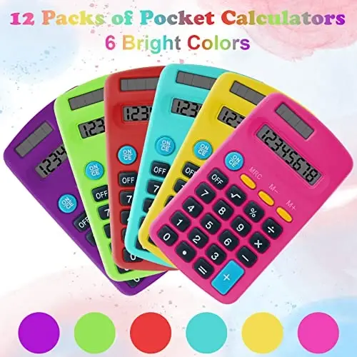 12 Pieces Pocket Calculator,Pocket Size Mini Calculators,8 Digit Display Basic Calculator,Solar Battery Dual Power Desktop Calculators for Students Kids Home Office (Multicolor, 12 Pieces) - ERINNMY (1)