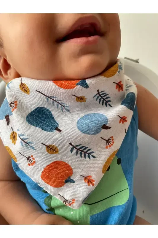 (12 Pcs) Run Baby %100 Organic Cotton Muslin Fabric Two-Snap Baby Bib & Scarf - 5