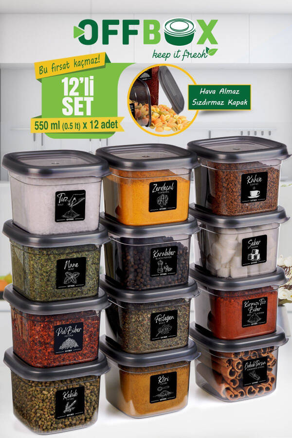 12 Piece 24 Compartment 0.55 Liter Breakfast Food Storage Container Spice Set 20 Label Gift - 9