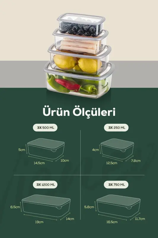12-Piece Airtight Food Storage Container Set Anthracite 3x(250-500-750-1200 ML)-Anthracite - 8