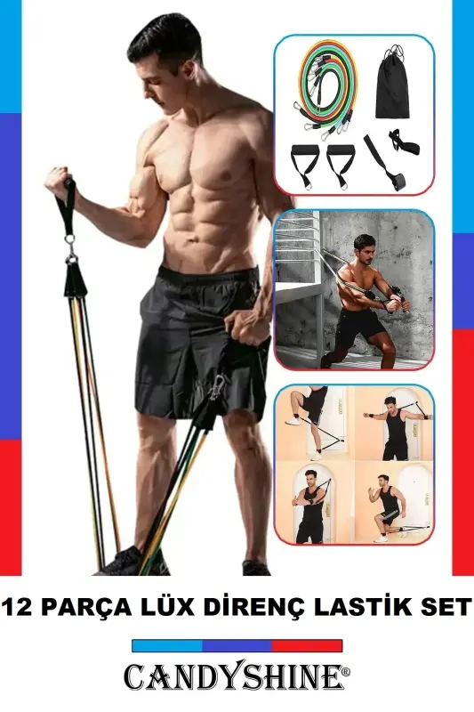 ® 12 Piece Deluxe Professional Latex Premium Quality Fitness Exercise Sports Equipment Resistance Band Set - CANDYSHINE