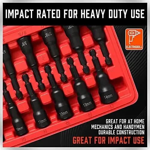 12-Piece Magnetic Nut Driver Set - Premium Impact Power Hex Nut Driver Drill Bit Master Kit, SAE & Metric, 1/4-Inch Quick-Change - SEDY (1)