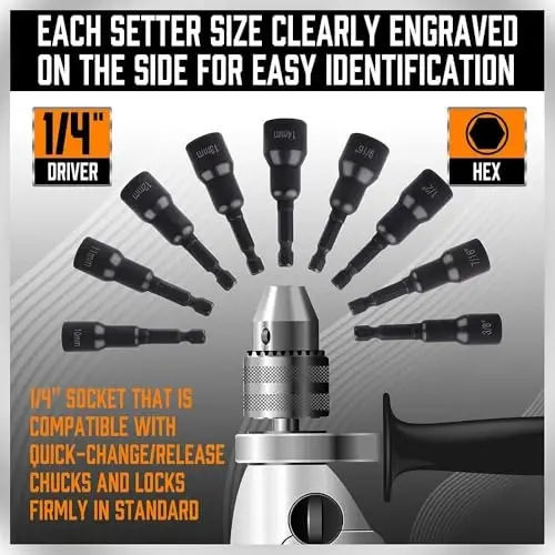 12-Piece Magnetic Nut Driver Set - Premium Impact Power Hex Nut Driver Drill Bit Master Kit, SAE & Metric, 1/4-Inch Quick-Change - 3