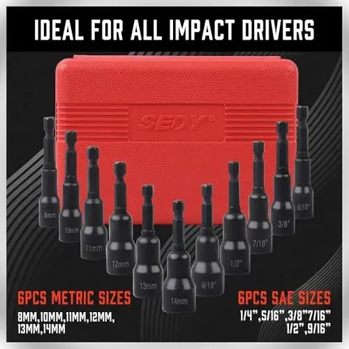 12-Piece Magnetic Nut Driver Set - Premium Impact Power Hex Nut Driver Drill Bit Master Kit, SAE & Metric, 1/4-Inch Quick-Change - 4