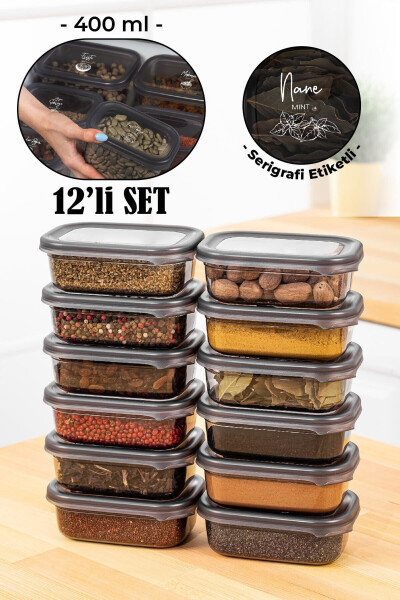 12-Piece Peggy Rectangular Spice Storage Container Set with White Screen Printed Labels, 400 ml, Anthracite - VIENEV