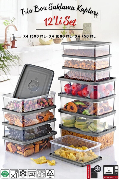 12-Piece Set Rectangular Microwave & Freezer Safe Trio Storage Container X4 0.75 Lt/1 Lt/1.5 Lt - OPEN HOME CONCEPT