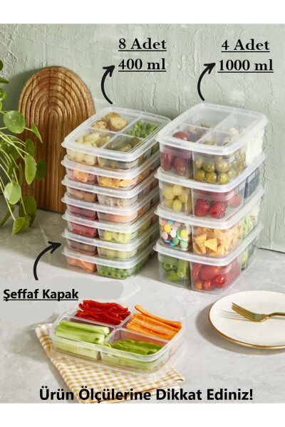 12-Piece Storage Set (8 x 400 ML) (4 x 1000 ML) 4-Compartment Meal Prep Portion Storage Containers - BAYEV