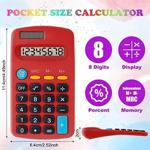 12 штук карманных калькуляторов, мини-калькуляторы карманного размера, 8-разрядный базовый калькулятор, настольные калькуляторы с двойным питанием от солнечной батареи для студентов, детей, дома, офиса (разноцветные, 12 штук) - 3