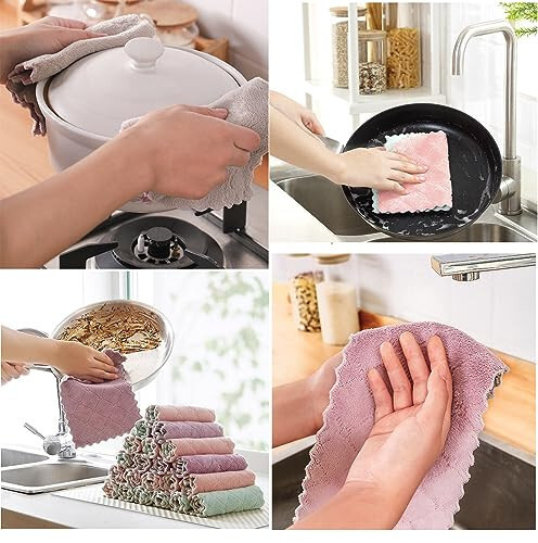 12 ta tozalash matosi oshxona matosi, idish sochiqlari Super changni yutuvchi Coral Velvet Dishtowels, Mikrofiber Premium yumshoq choy sochiqlari, tez quriydigan latta, ko'p maqsadli qayta ishlatiladigan sochiqlar, yopishqoq bo'lmagan yog 'matolari. - 4