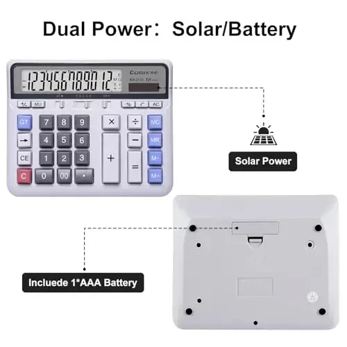12 Xonali Katta LCD Displey va Katta Kompyuter Tugmalari bilan Comix Stol Kalkulyatori Solar Batareya Ikkita Quvvatli Uyda Ofis Maktab uchun Standart Funktsiyali Kalkulyator, Oq - 5
