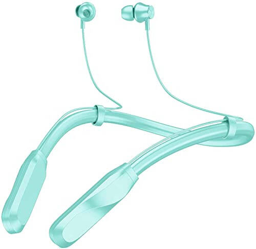 120 soatgacha o'ynash vaqti bilan uzoq umrli bo'yin tasmasiga ega Bluetooth quloqchinlar, och yashil rangdagi sport terga chidamli quloqchinlar, yugurish uchun mikrofon va simsiz Bluetooth ulanishi bilan - 1