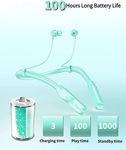 120 soatgacha o'ynash vaqti bilan uzoq umrli bo'yin tasmasiga ega Bluetooth quloqchinlar, och yashil rangdagi sport terga chidamli quloqchinlar, yugurish uchun mikrofon va simsiz Bluetooth ulanishi bilan - 4