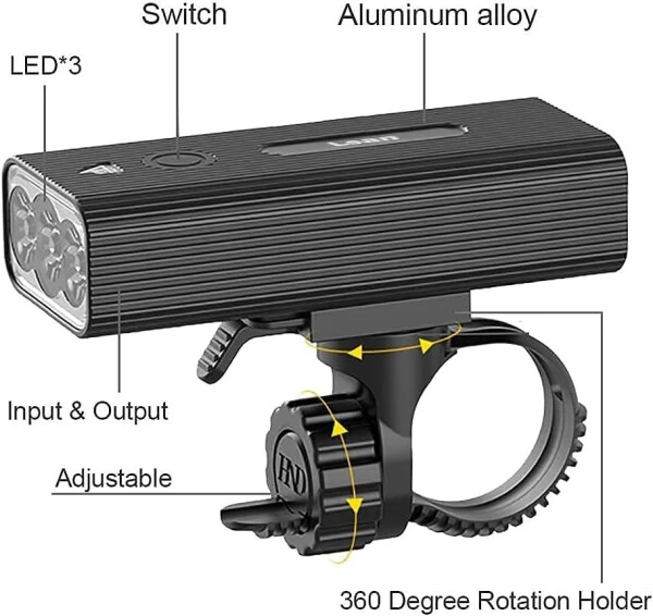 1200 Lumens Bike Lights Front and Back, 3 LED USB Rechargeable Bicycle Light, Super Bright Bike Lights for Night Riding, Bike Headlight with Power Bank Function, IPX5 Waterproof, 3+5 Light Modes - 8