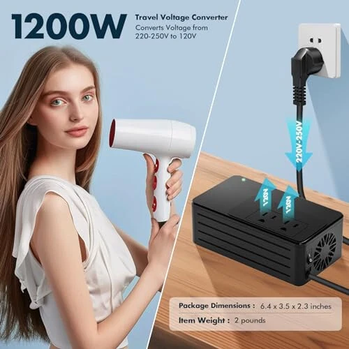 1200 Vt universal sayohat adapteri konvertori, 220V dan 110V gacha pastga tushirish, 2 funt yengil vazn, barqaror toza sinus to'lqin, soch fenlari, tekislashtiruvchilar, bukle temirlar, qahvaxonalar uchun (qora) - 4