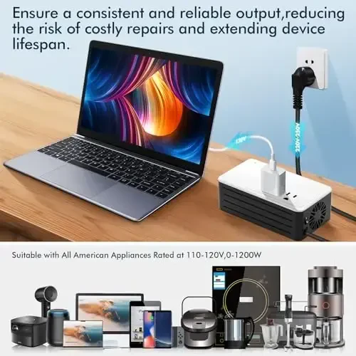 1200W Universal Travel Adapter Converter Step-Down 220V to 110V, 2 lbs Light Weight, Stable Pure Sine Wave, for Hair dryers, straighteners, Curling Irons, Coffee Makers (White) - 5