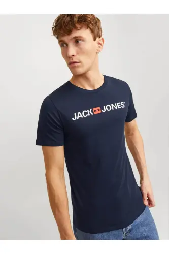 JACK JONES Yazılı Erkek Tişört 12137126 - Navy Blazer - 7
