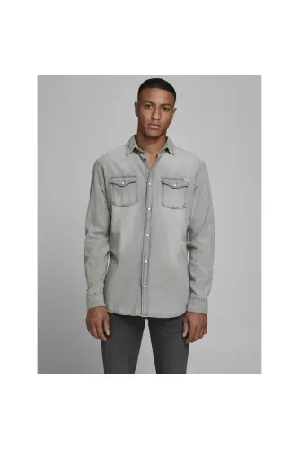 12138115 Erkak Jjesherıdan Shırt L/s Noos Denim Ko'ylak-Light Grey Denim - 1