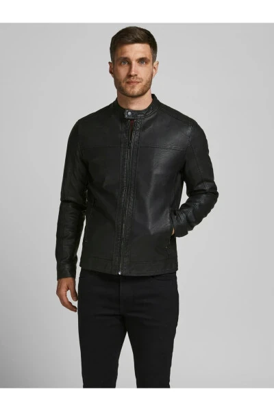 12182461 Jjewarner Jacket Noos Erkaklar Teri Ko'ylagi Qora - JACK & JONES (1)