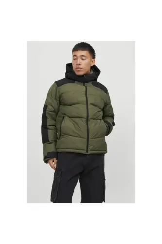 12239001 Jack & Jones Jcootıs Puffer Sn Erkek Mont Olive Night/Black Blocking - Yeşil 