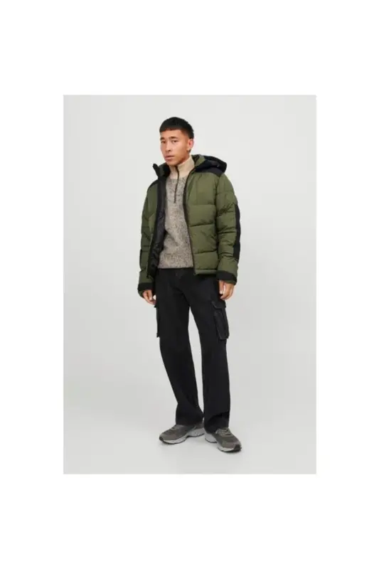 12239001 Jack & Jones Jcootıs Puffer Sn Erkek Mont Olive Night/Black Blocking - Yeşil - 2