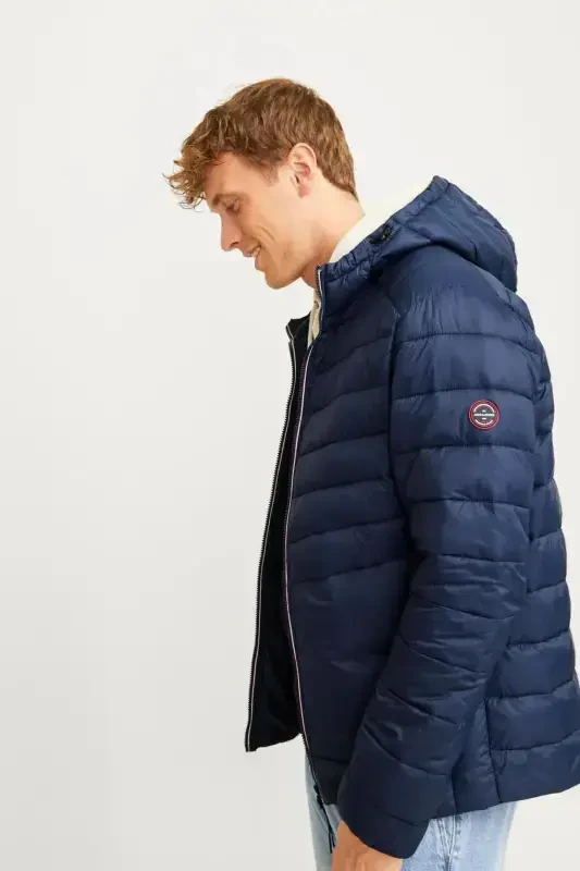 12258441 Jjesprınt Puffer Hood Noos Erkek Şişme Mont-Navy Blazer TRUE RED STITCHES - 4