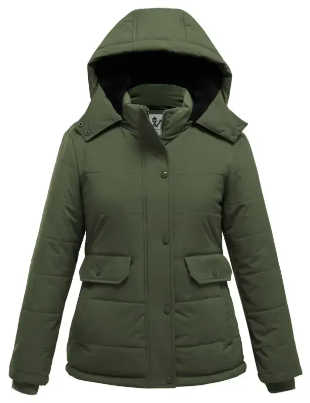 WenVen Women's Puffer Coats Waterproof Winter Jacket Quilted Zip-up Fleece Jacket Green L- - 10