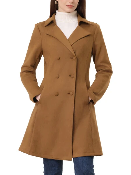 INSPIRE CHIC Women's Notched Lapel Double Breasted Elegant Winter Long Coat XS Brown- - INSPIRE CHIC