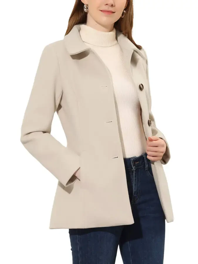 INSPIRE CHIC Women's Peter Pan Collar Single Breasted Overcoat Coat M Beige- - 4