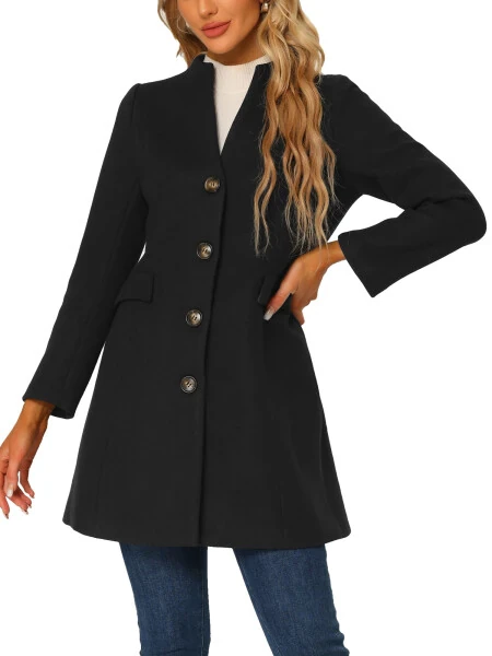 INSPIRE CHIC Women's Elegant Winter V Neck Long Sleeve Single Breasted Long Overcoat S Black- - INSPIRE CHIC