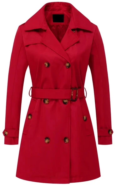 Chrisuno Women's Winter Double Breasted Trench Coat Mid Length Hooded Outwear Jacket with Pockets Red S - Chrisuno