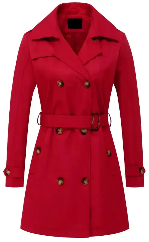Chrisuno Women's Winter Double Breasted Trench Coat Mid Length Hooded Outwear Jacket with Pockets Red S- - 1