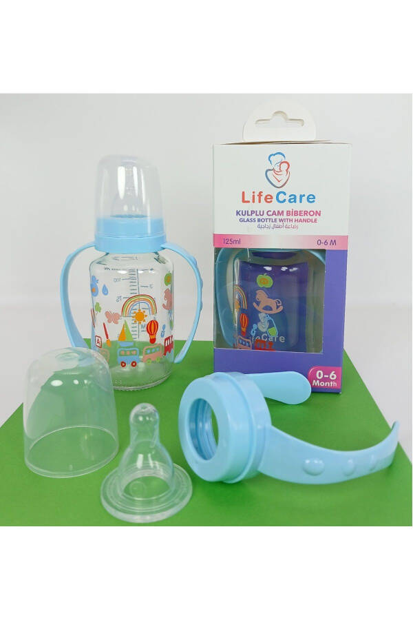 125ml blue glass baby bottle with handle - 1